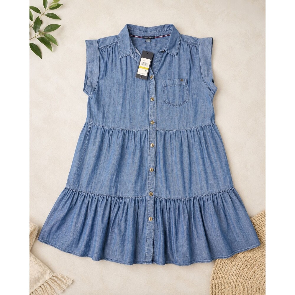 Tommy Hilfiger Chambray Tiered Shirt Dress 14 NWT Blue Button Front Cotton Blend